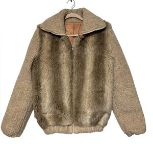 Vintage Faux Fur Brown Tan Full Zip Coat XL Mob Wife Winter Movie Star Hollywood